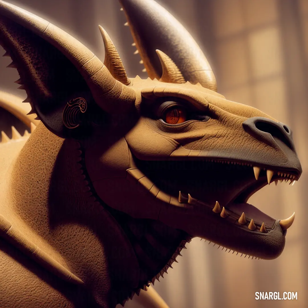 PANTONE 2321 color. Close up of a dragon head with horns and horns on it's head, with a building in the background