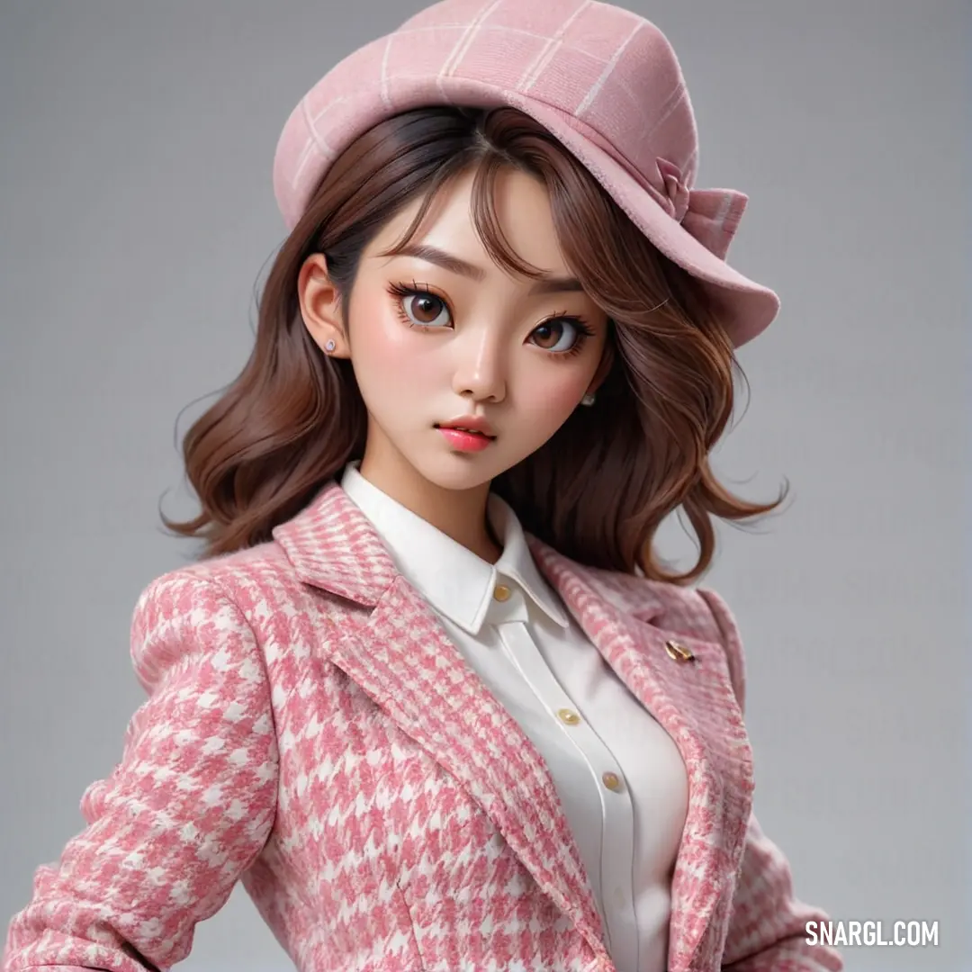 Doll is wearing a pink suit and hat with a white shirt and white shirt and white shirt. Example of RGB 72,51,28 color.