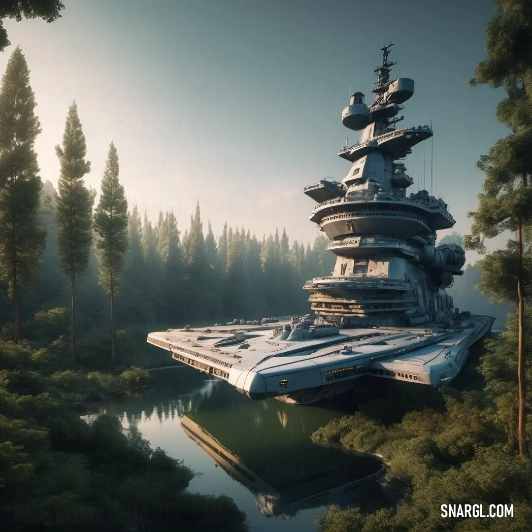 Large ship floating on top of a lake surrounded by trees and a forest in the background. Color CMYK 26,20,40,0.