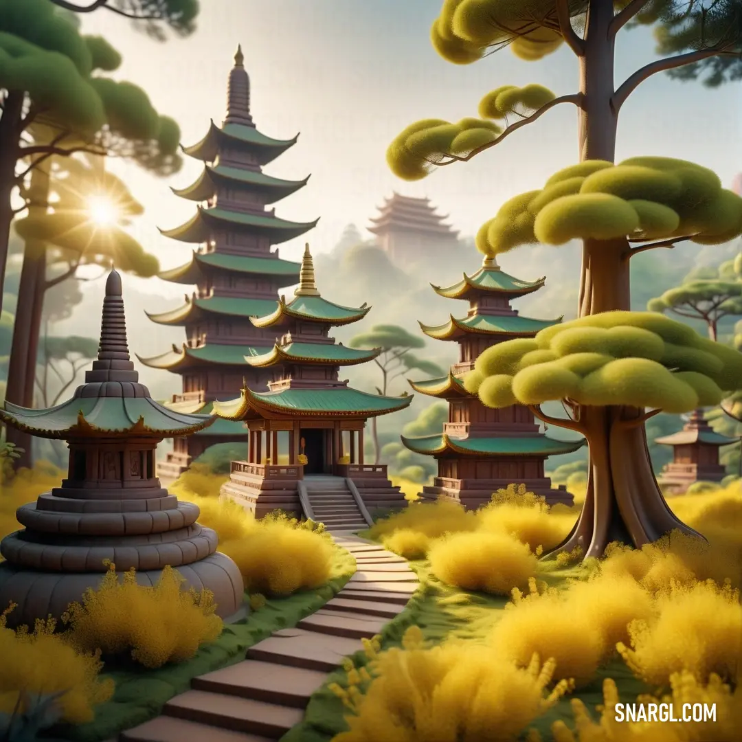 Painting of a pagoda in a forest with trees and bushes in the foreground and a path leading to it. Color PANTONE 2323.
