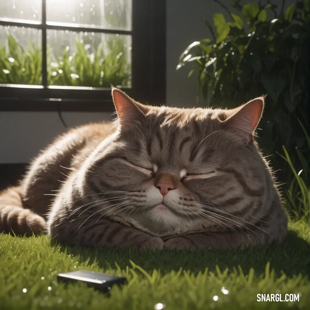 Cat is sleeping on the grass near a window with a cell phone in it's paws and it's eyes closed. Color #AFA17C.
