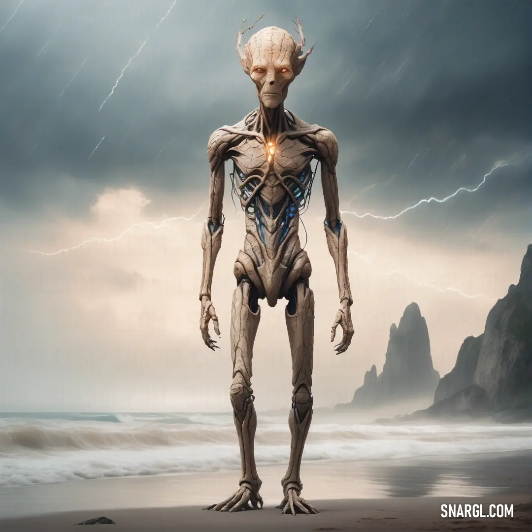 Humanoid standing on a beach in the rain with lightning in the background. Color PANTONE 2324.