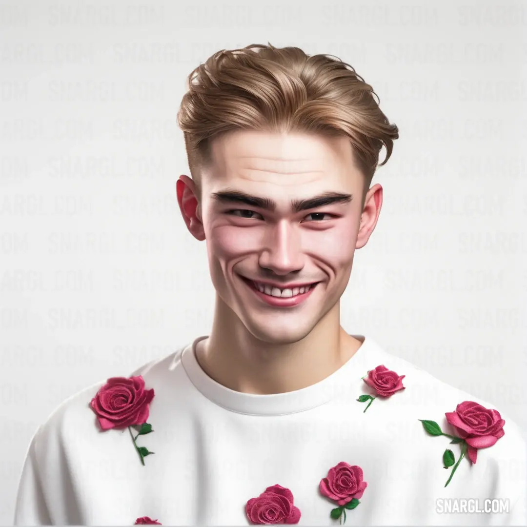 Man with a fake smile on his face and a rose on his shirt on his shirt is smiling. Color RGB 175,161,124.