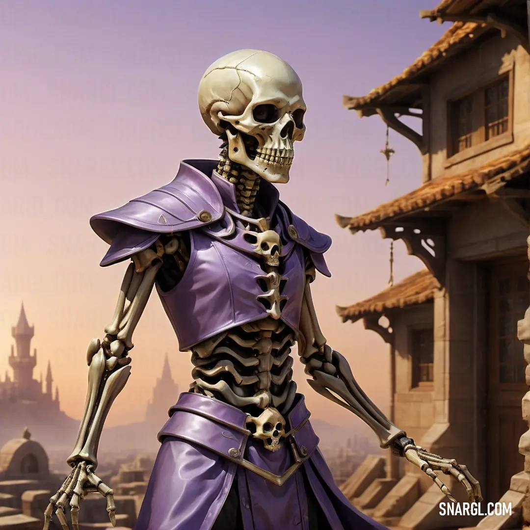 Skeleton dressed in a purple outfit standing in front of a building with a clock tower in the background. Example of PANTONE 2325 color.