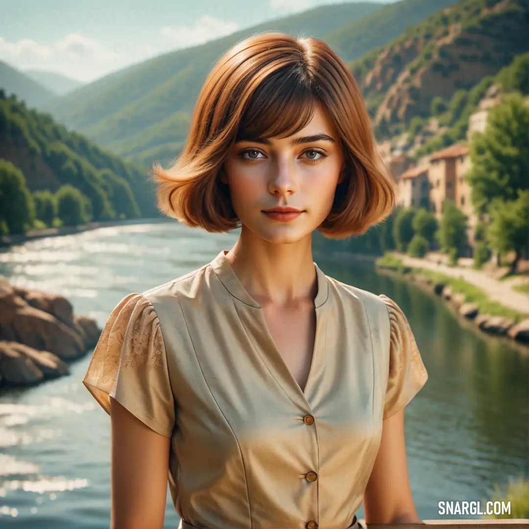 Woman with a short brown hair standing in front of a river and mountains with a house in the background. Color CMYK 36,36,56,6.