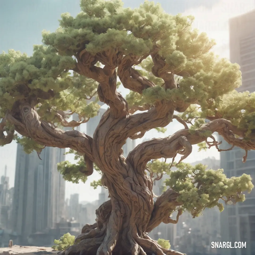 Bonsai tree in a city park with skyscrapers in the background. Color CMYK 45,44,67,14.