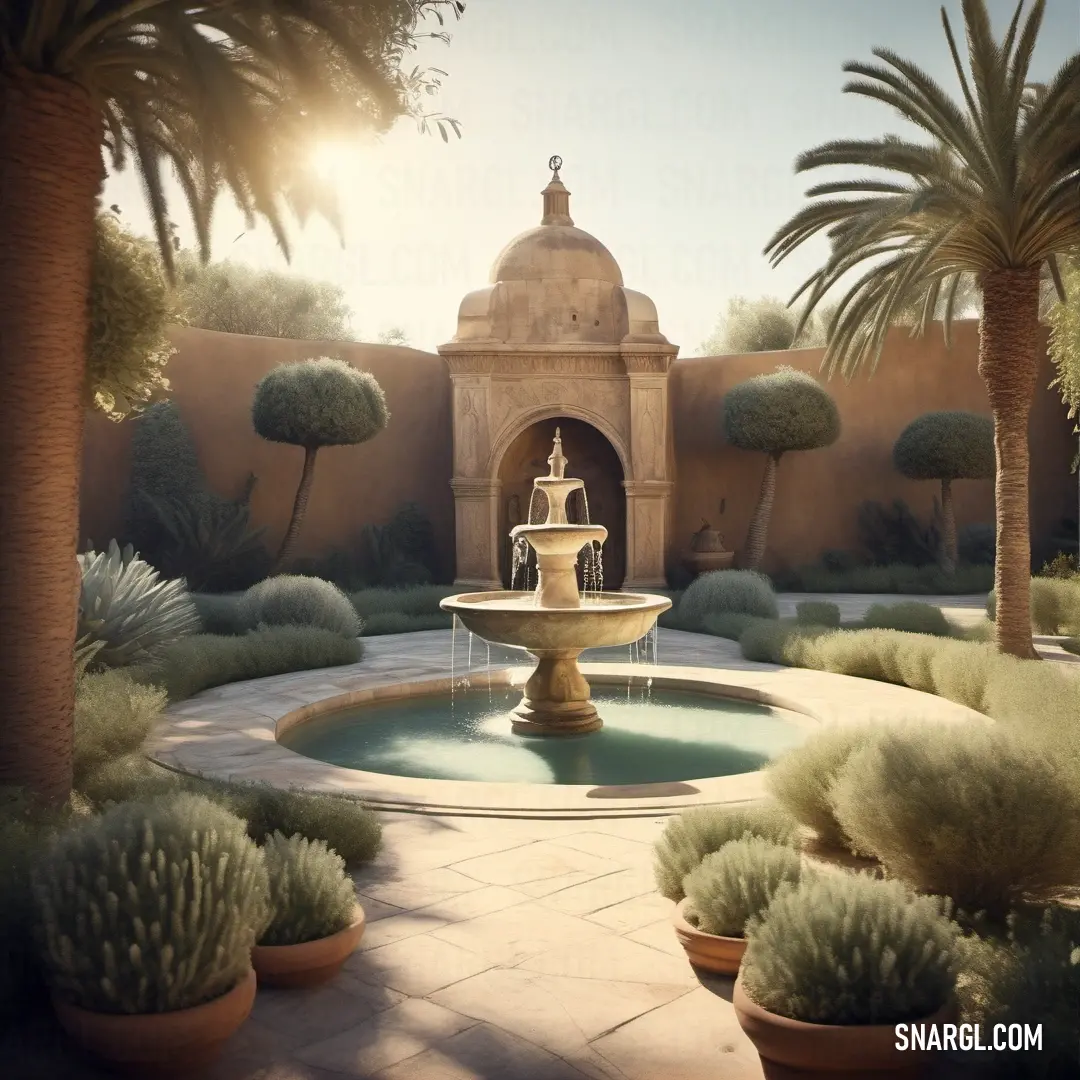 PANTONE 2326 color example: Fountain surrounded by palm trees and a building with a dome in the background