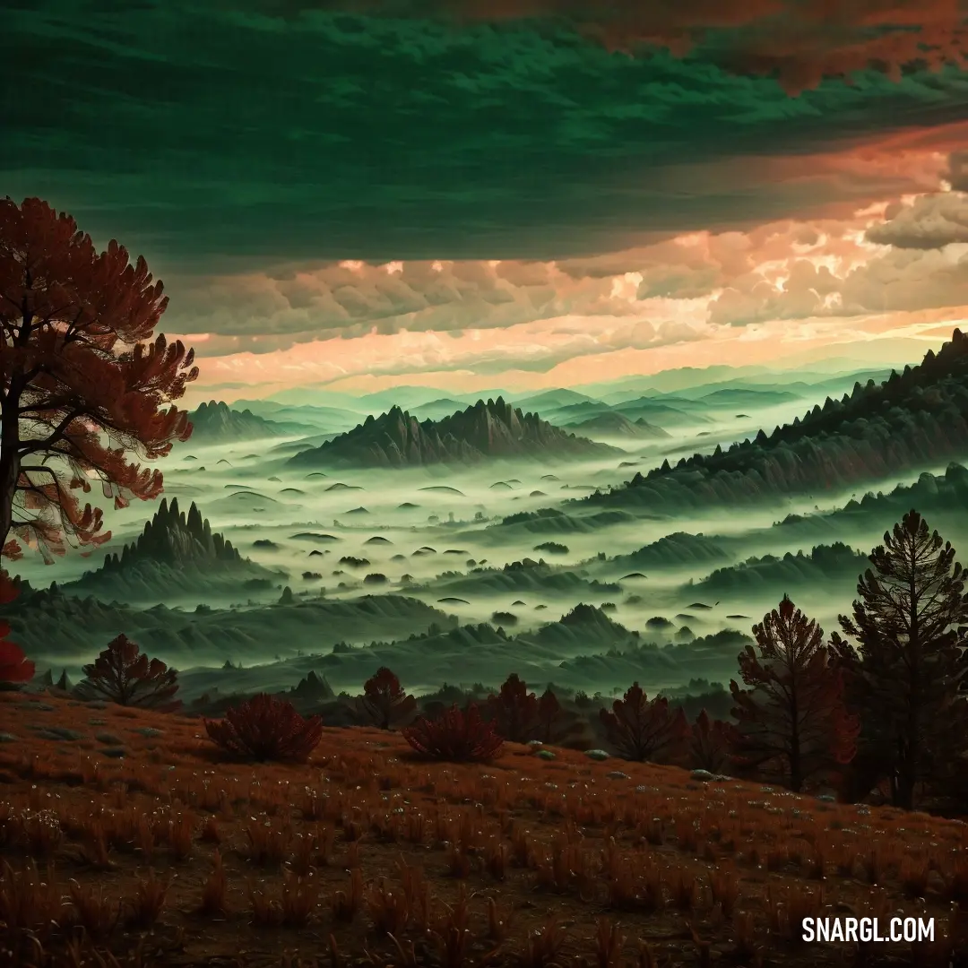 Painting of a mountain range with a sunset in the background. Example of PANTONE 2327 color.