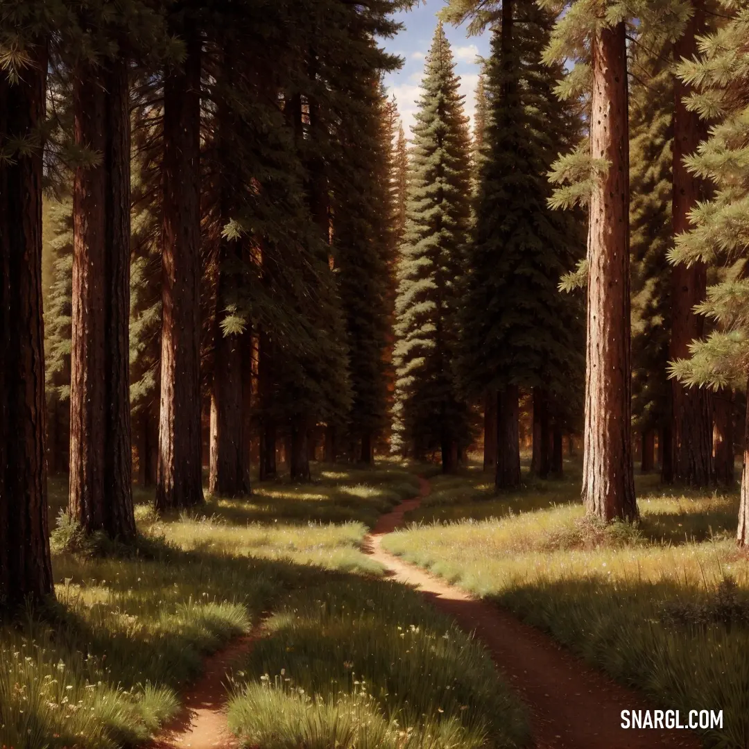 Painting of a path through a forest with tall trees on both sides of it and a path leading to the right. Color PANTONE 2327.