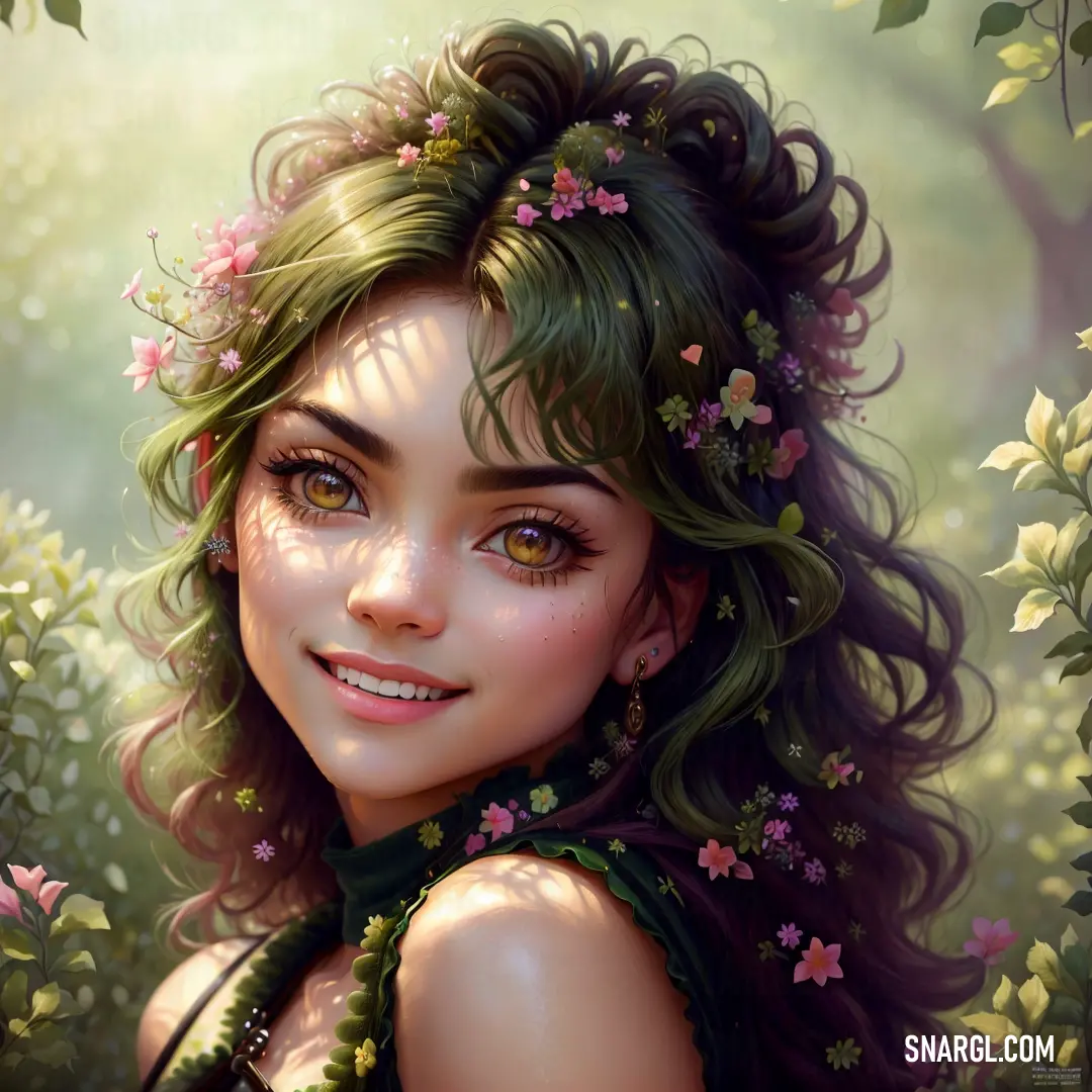 Painting of a woman with flowers in her hair and a green dress with a flower in her hair. Example of RGB 131,123,89 color.