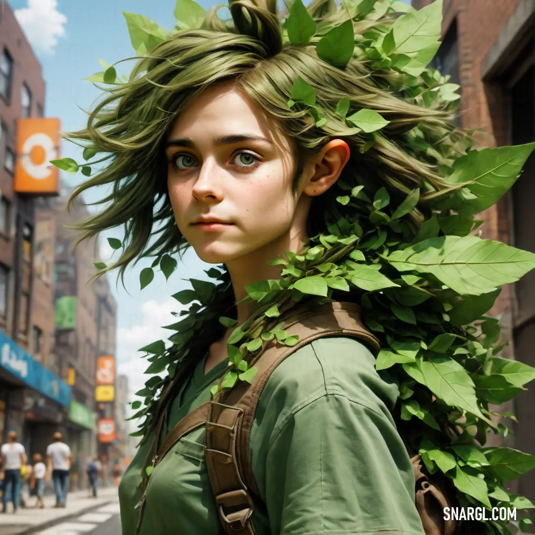 Woman with a green leafy headpiece on her head and a backpack on her shoulders. Color #837B59.