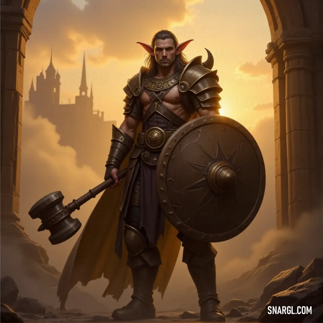 A valiant man clad in armor stands protectively at a castle entrance, holding a sword and shield alongside a giant hammer. His strong presence promises strength and loyalty as he guards the fortress against impending threats.