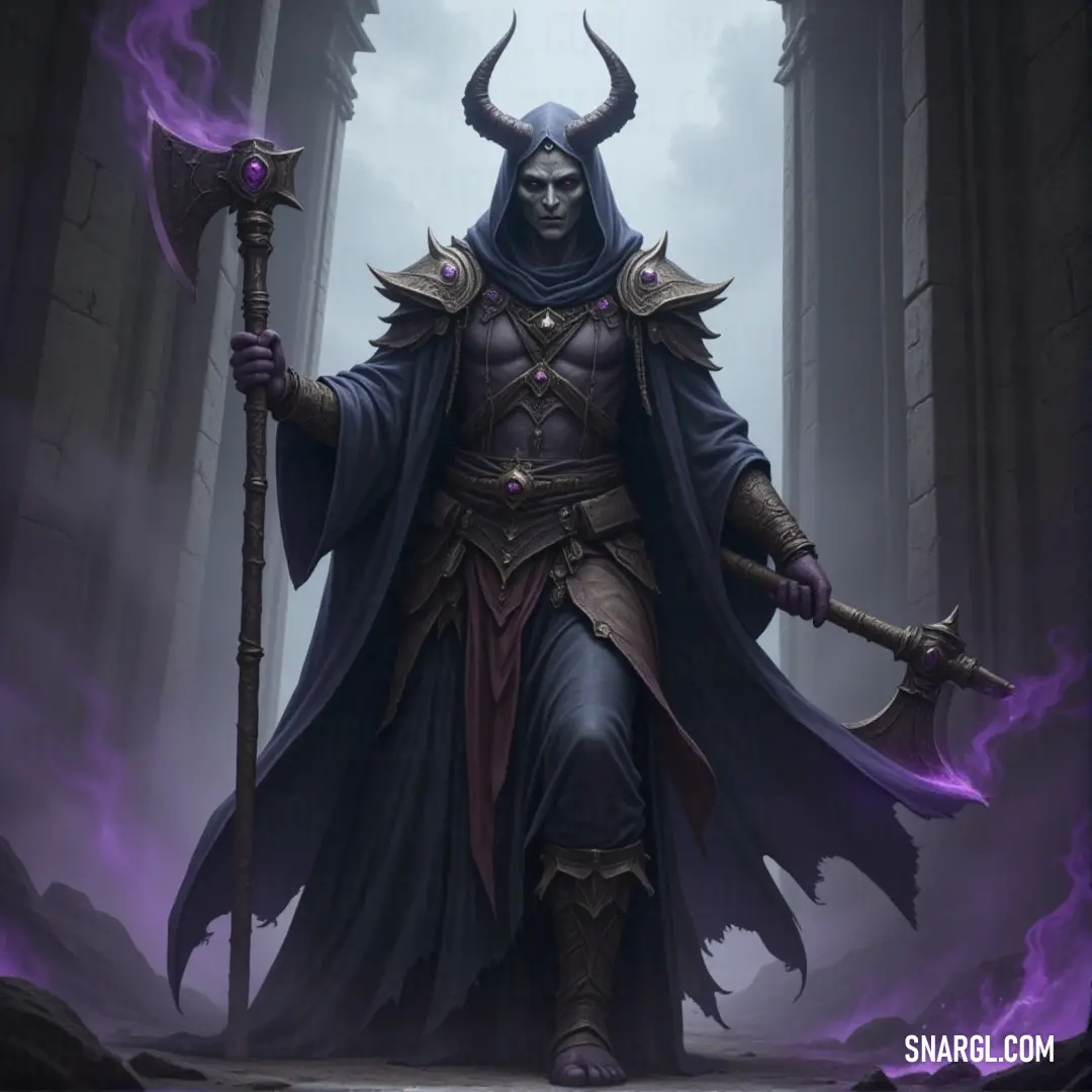 An imposing figure with a horned head brandishes a mighty staff, set against a mystical backdrop. The vivid colors of the image evoke a sense of otherworldly strength and an ancient connection to powerful magic.