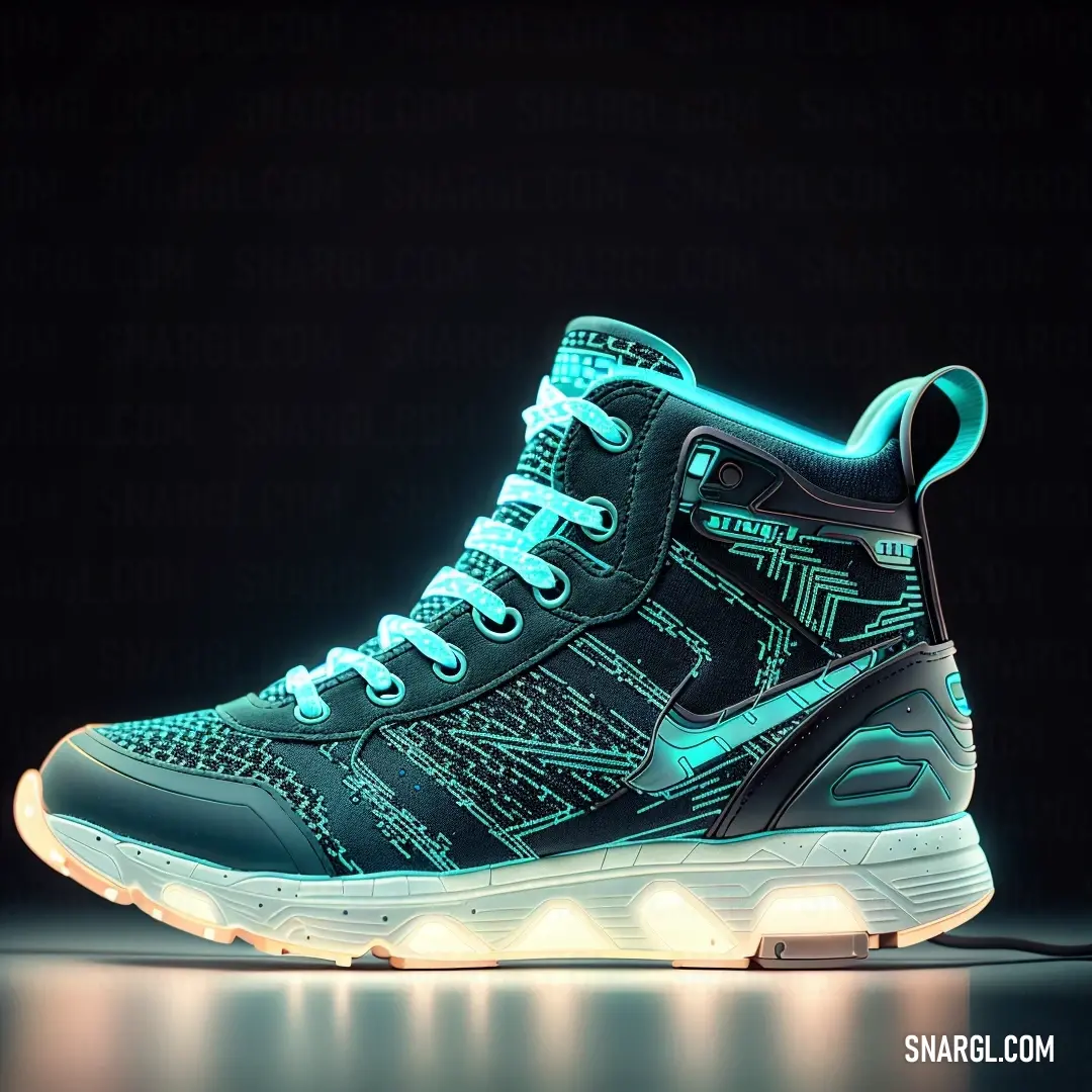 A pair of stylish sneakers with light-up soles stand out against a black background, glowing with bright neon hues. The PANTONE 2328 color adds a striking touch to the vibrant design, making the shoes a futuristic accessory.