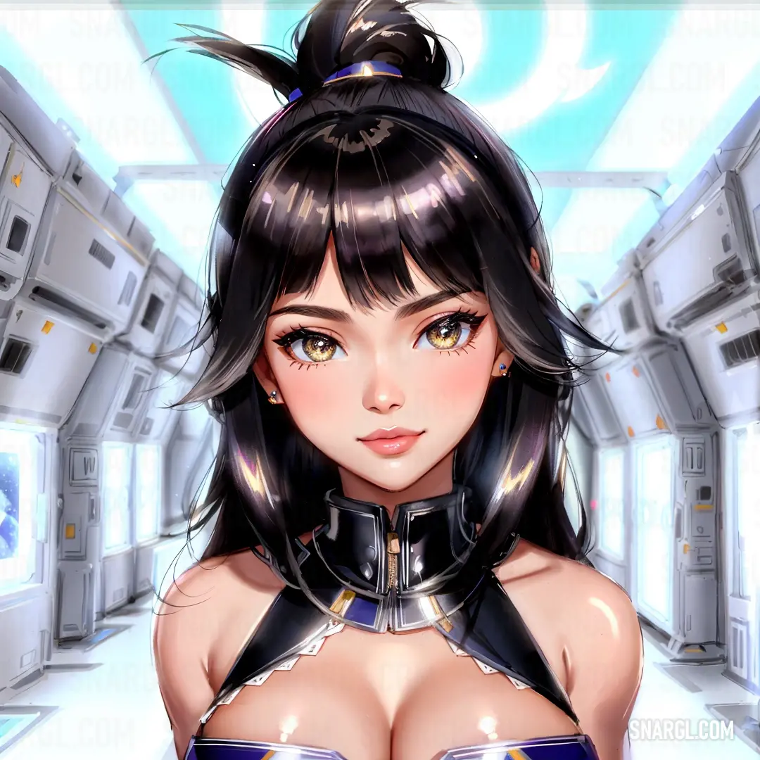 A woman stands in a futuristic space station, gazing out over a breathtaking sci-fi landscape. Her surroundings are sleek and high-tech, with soft colors accentuating the advanced design of the station and the far-off stars beyond the windows.