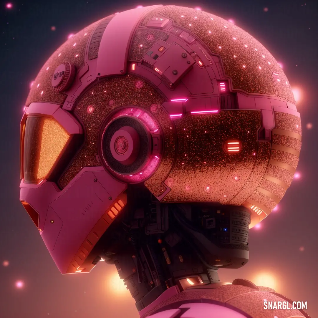 A sleek, futuristic helmet glows with a vibrant pink light, its reflective surface revealing a mysterious silhouette. The background is a smooth gradient of deep purple, highlighting the helmet’s cutting-edge design.