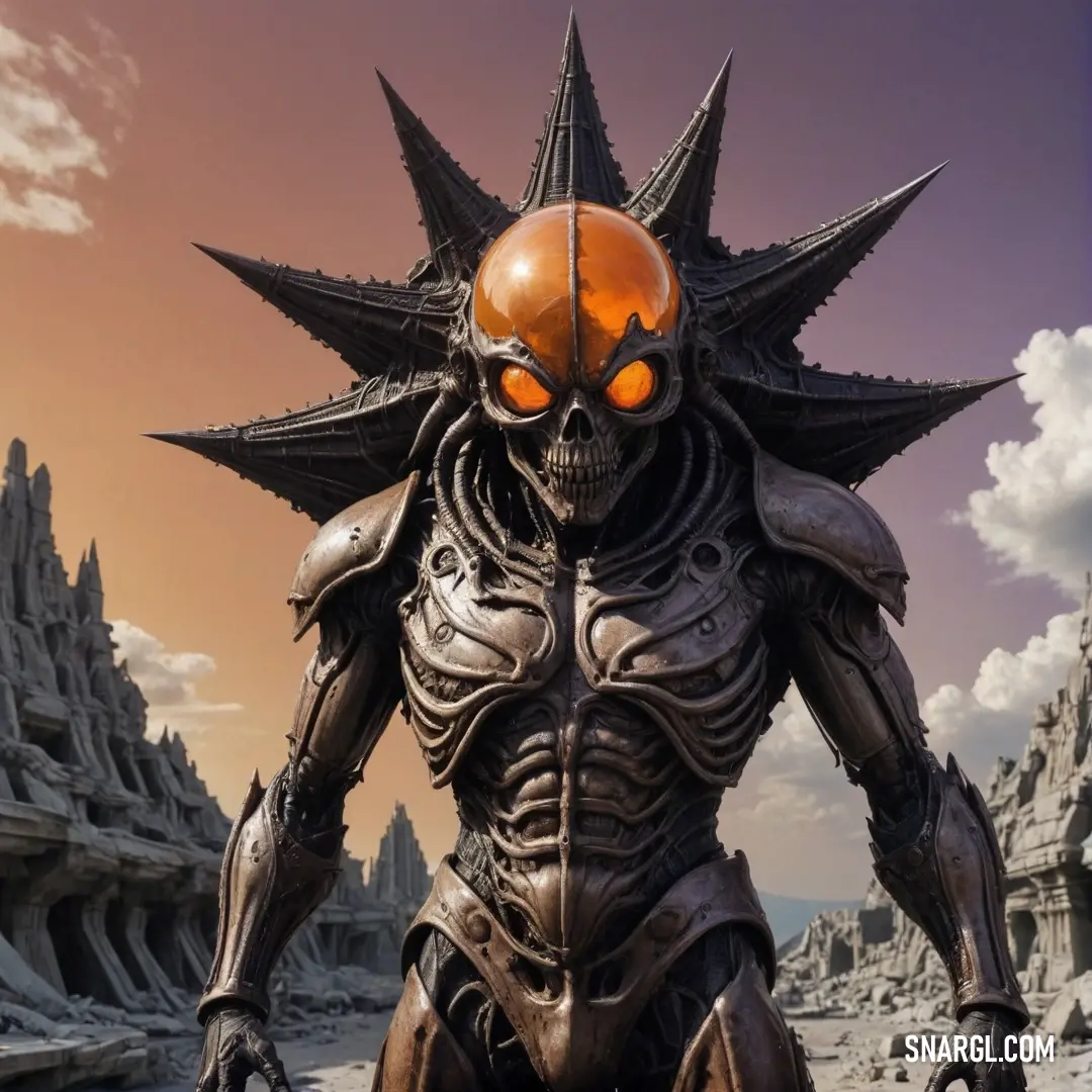 A fascinating alien with glowing orange eyes stands prominently in front of a castle-like structure, an enormous orange sphere gripped tightly in its mouth, creating a whimsical atmosphere.