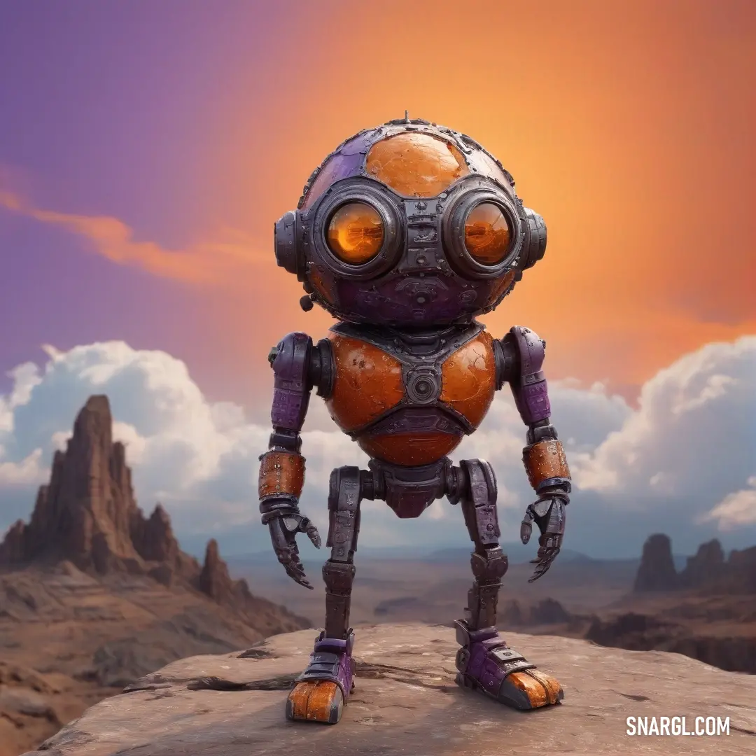 A striking robot standing on a rocky ledge, framed against a stunning sunset that bathes the desert landscape in warm hues, showcasing the rich CMYK 47,49,73,33 color palette.