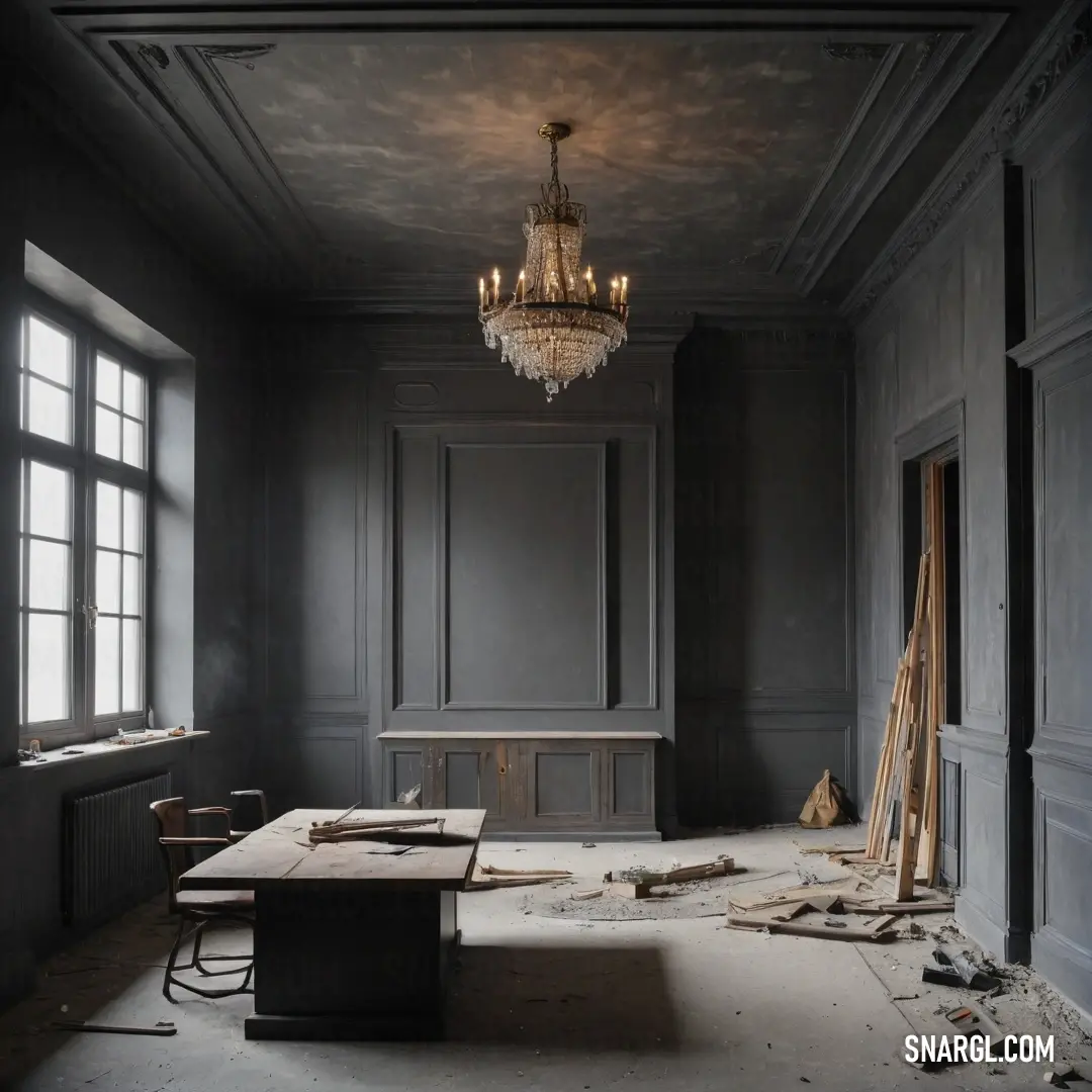 A luxurious room features an ornate chandelier and a rustic table at its center, accompanied by a broken chair that adds a touch of character, while its ambiance reflects the warmth of PANTONE 2328 color.