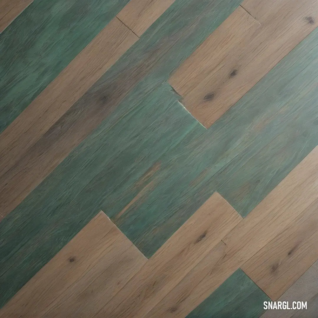 A wooden floor with a striking green and brown patterned design, with a white toilet tucked into the corner, adding a fresh touch to the natural textures surrounding it.