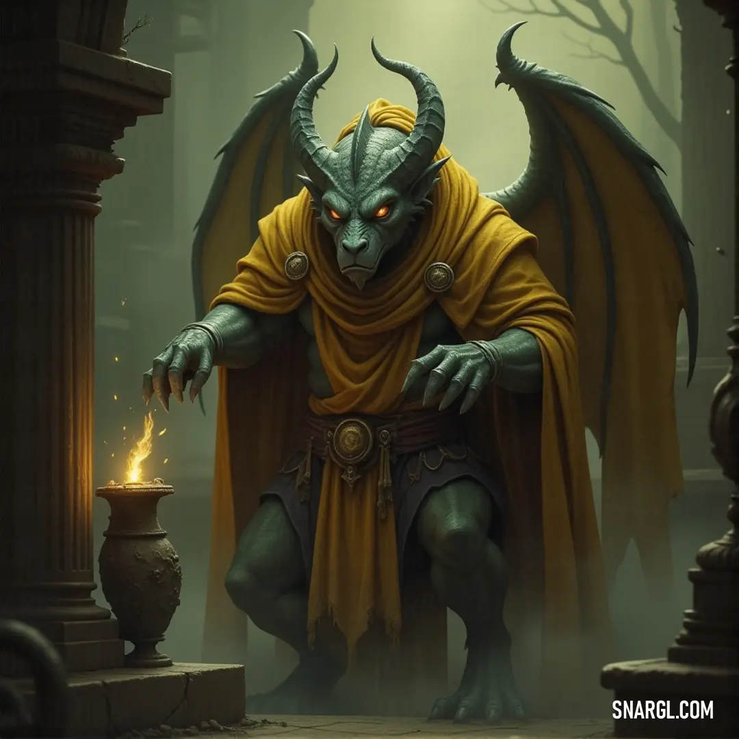 A captivating demon draped in a vibrant yellow cape stands amidst a dark and fog-laden realm. The rich colors convey a sense of mystery, drawing viewers into its ominous domain while showcasing the demon's unique stature.