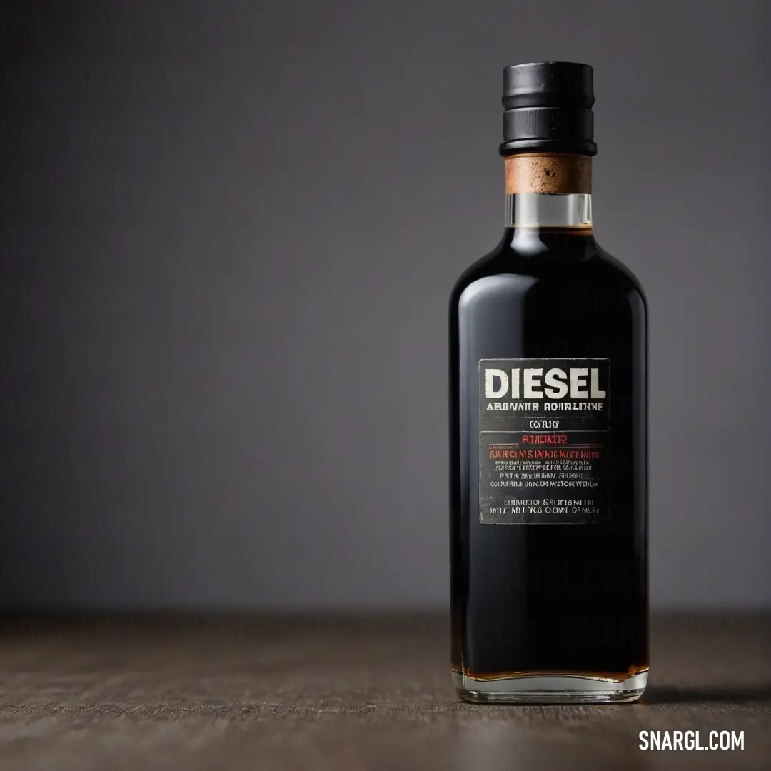 A bottle of diesel is elegantly presented on a rustic wooden table, set against a dimly lit background that adds a touch of mystery. The image showcases the raw beauty of industrial elements, inspired by the color profile CMYK 46,50,78,46.