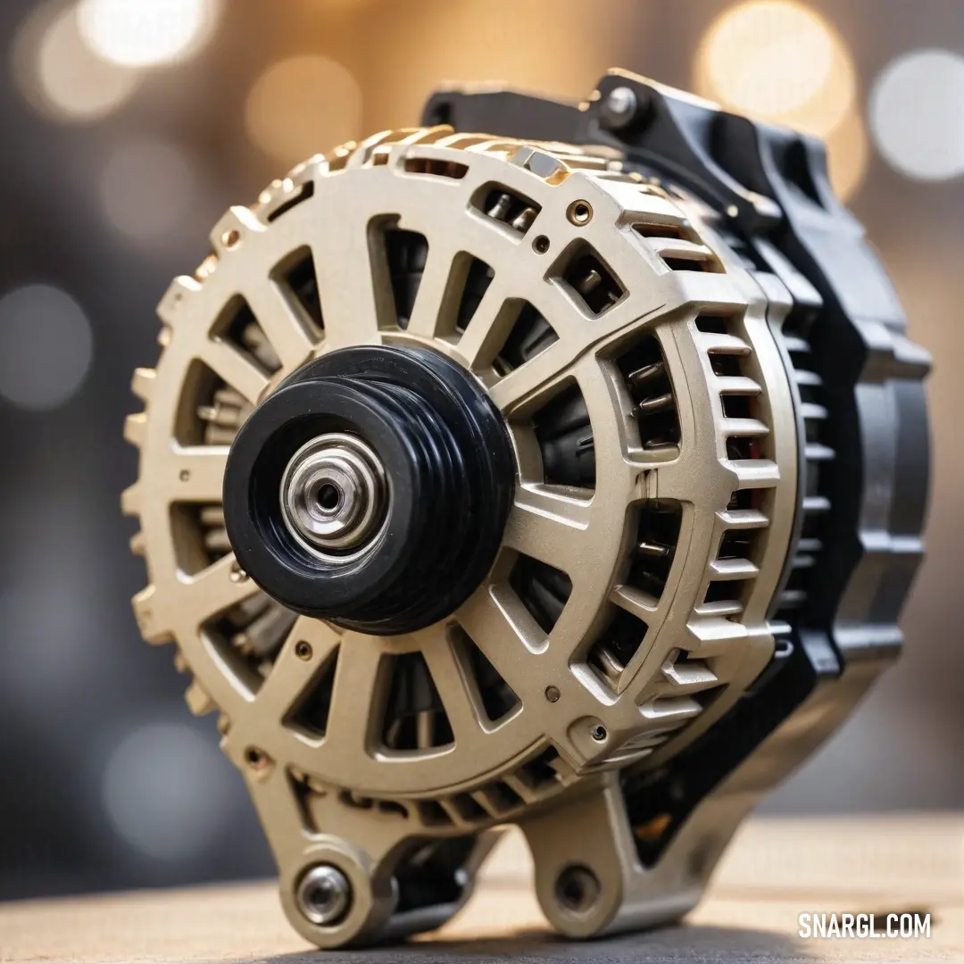 An intricate close-up of a robust motor on a table, illuminated by soft lights in the background, accented with PANTONE 2329, revealing the dynamic interplay of shadows and reflections.