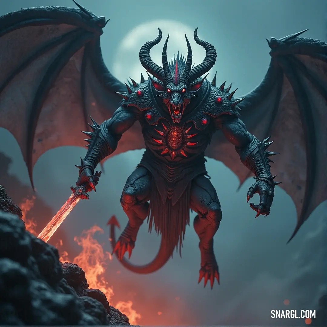 A powerful demonic being holds a sword, accompanied by a smaller demon perched on its back with a glowing visage. The interplay of brilliant colors conveys surreal energy, making this scene both fantastical and thrilling.