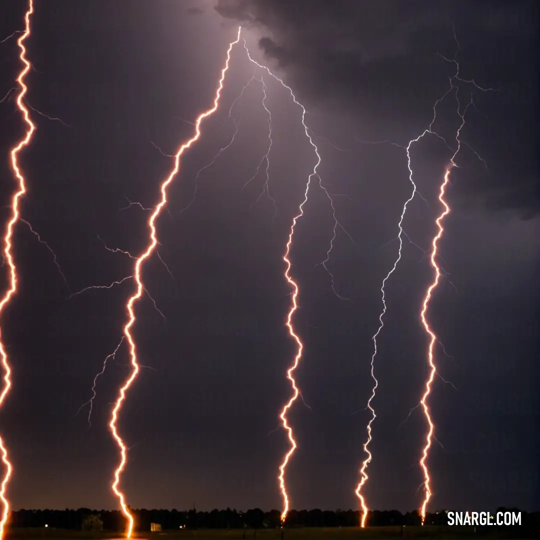 A dramatic lightning strike illuminates the night sky above a tranquil field, the electrifying display contrasting with the dark backdrop and embodying the deep hues of PANTONE 2329 that evoke awe and wonder.