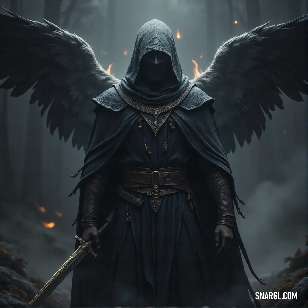 In a dynamic pose, a hooded figure with wings wields a sword, ready to embark on a heroic journey. Bathed in shades inspired by nature, this character embodies a sense of adventure and the eternal battle between light and dark.