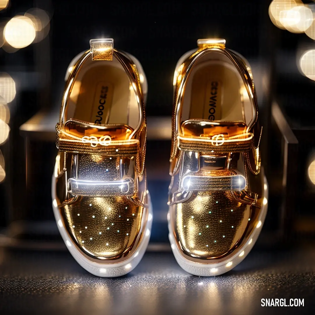 PANTONE 2329 color. Pair of shiny gold shoes with a light on them on a table with lights in the background