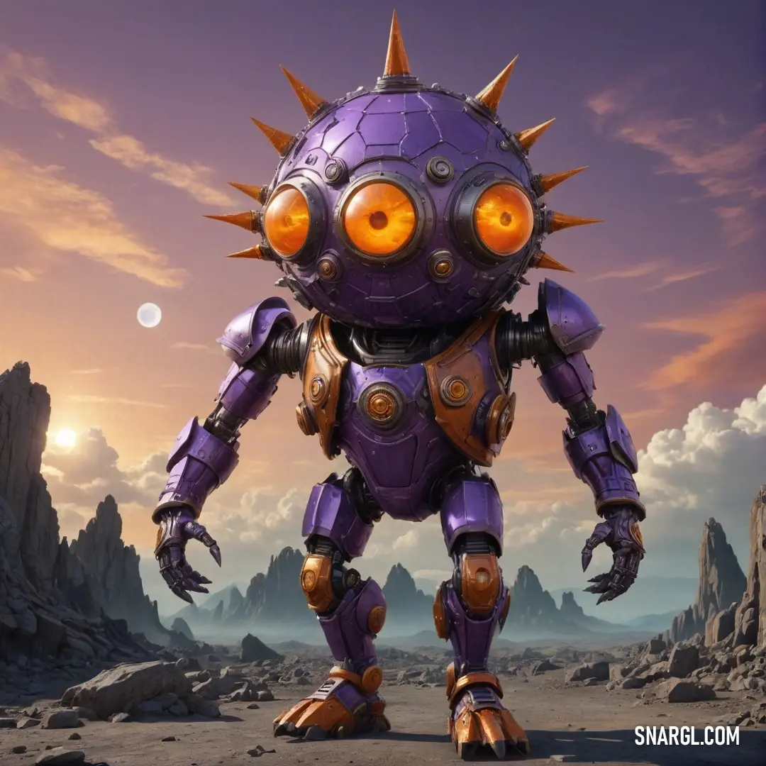 A fierce-looking robot adorned with spikes dominates the desert terrain, poised under the glow of a mystical moon. The rugged rocks enhance the untamed atmosphere of this alien landscape, inspiring thoughts of adventure and mystery.