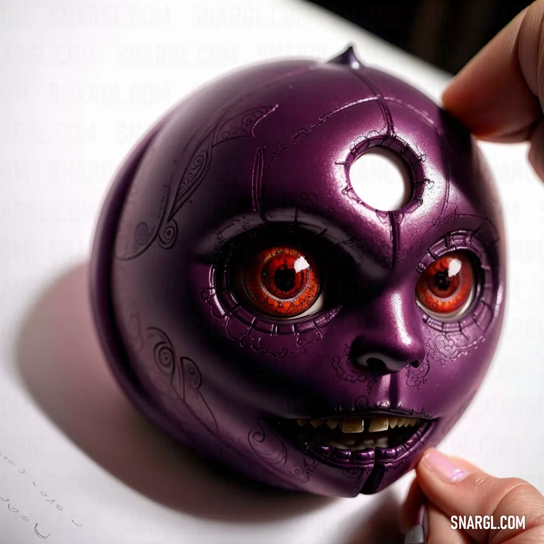 A person holds a mysterious purple ball with ominous red eyes and a menacing face. The vivid PANTONE 2329 color intensifies the eerie mood, as the eyes seem to watch with a foreboding gaze.