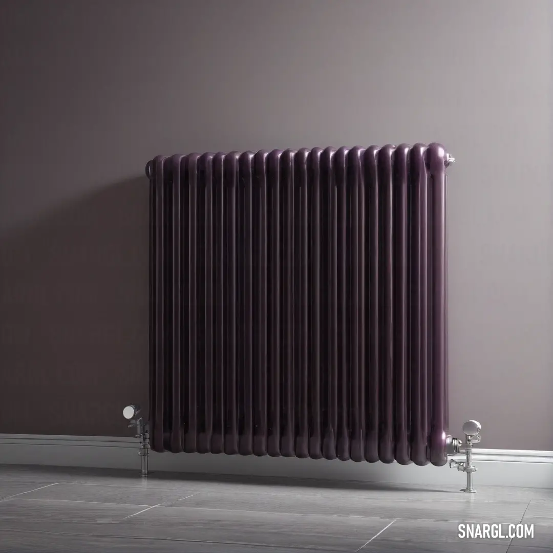 A room featuring a radiator against a vibrant purple wall, complemented by tile flooring and a neutral gray wall with a white door. The earthy #675A39 color ties the room together with a sense of harmony.