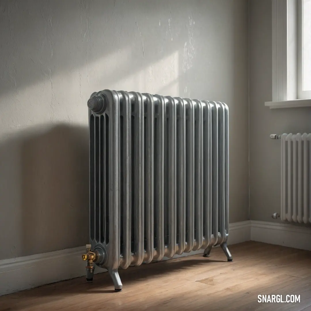 A radiator is positioned by a window in a room with a wooden floor and a window sill, framed by natural light. The warm, inviting hues of #675A39 provide a cozy, grounded feel to the setting.