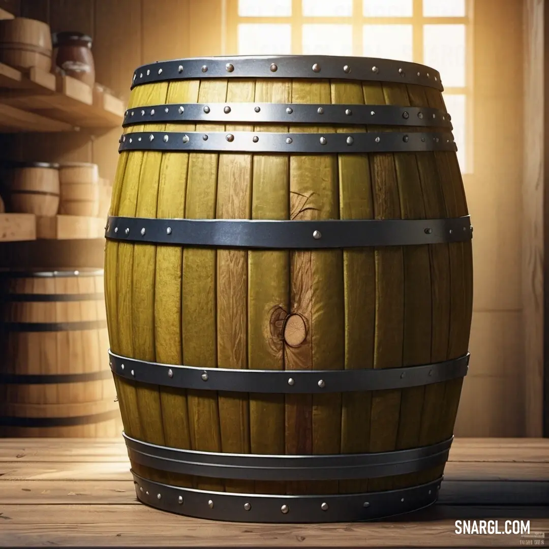Wooden barrel on top of a wooden table next to a window with sunlight coming in through it. Example of PANTONE 2329 color.