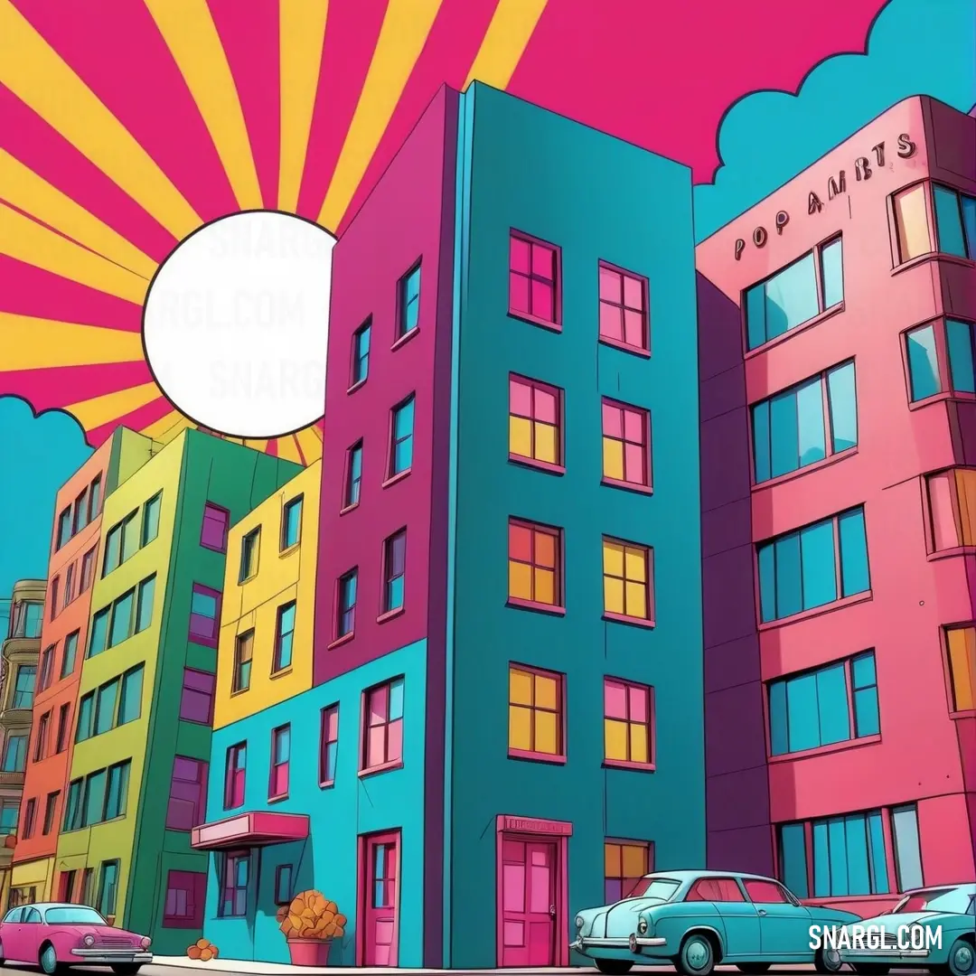 Painting of a city with cars parked in front of it and a sunburst in the sky. Color RGB 195,22,124.