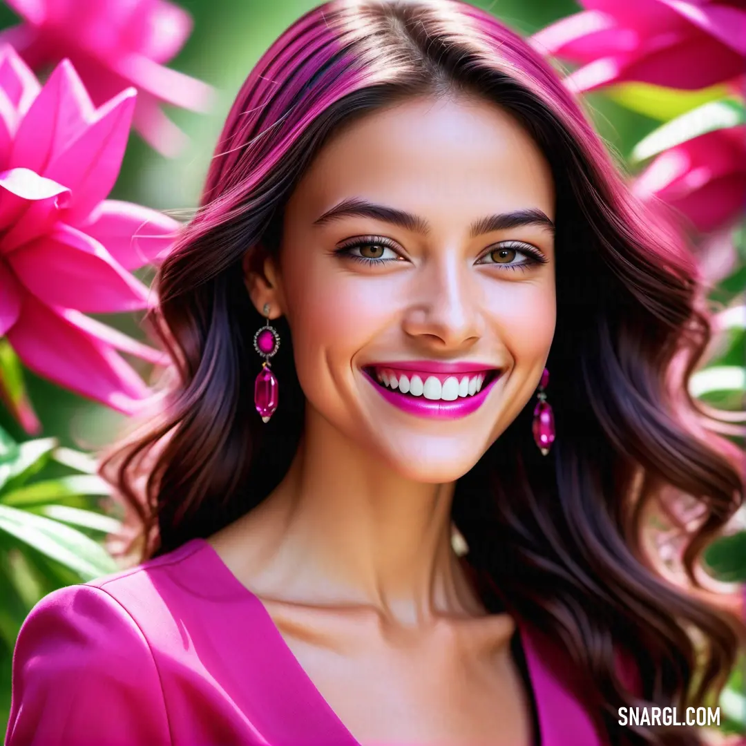Woman with long hair and pink dress smiling and wearing pink earrings and a pink dress with pink flowers in the background