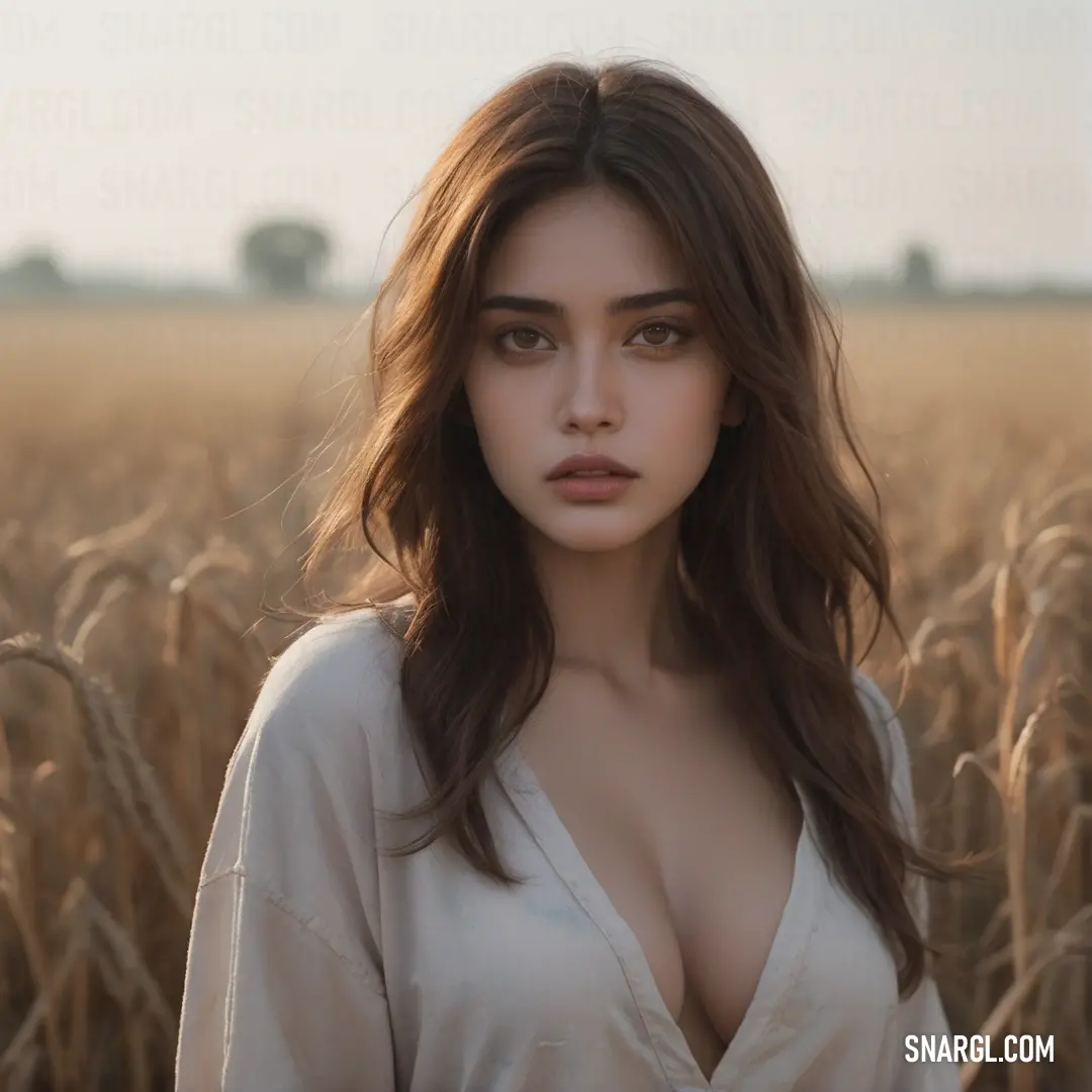 PANTONE 2331 color example: Woman standing in a field of wheat with her breasts exposed and her shirt open