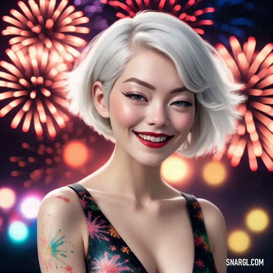 Woman with a white hair and a red lipstick smiling at the camera with fireworks in the background. Color #B0ACA5.