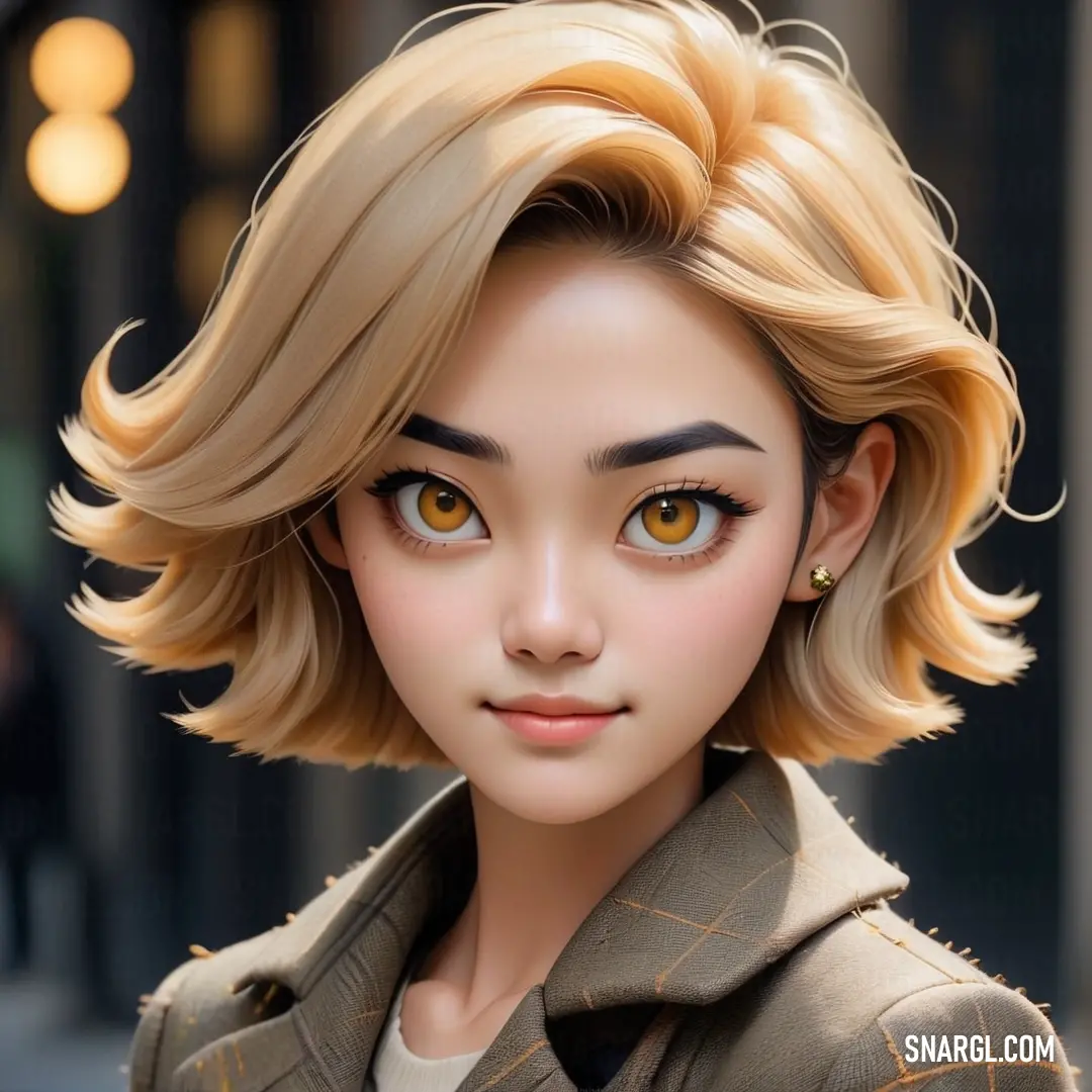 Close up of a doll with blonde hair and a jacket on a street corner with a building in the background. Color PANTONE 2332.