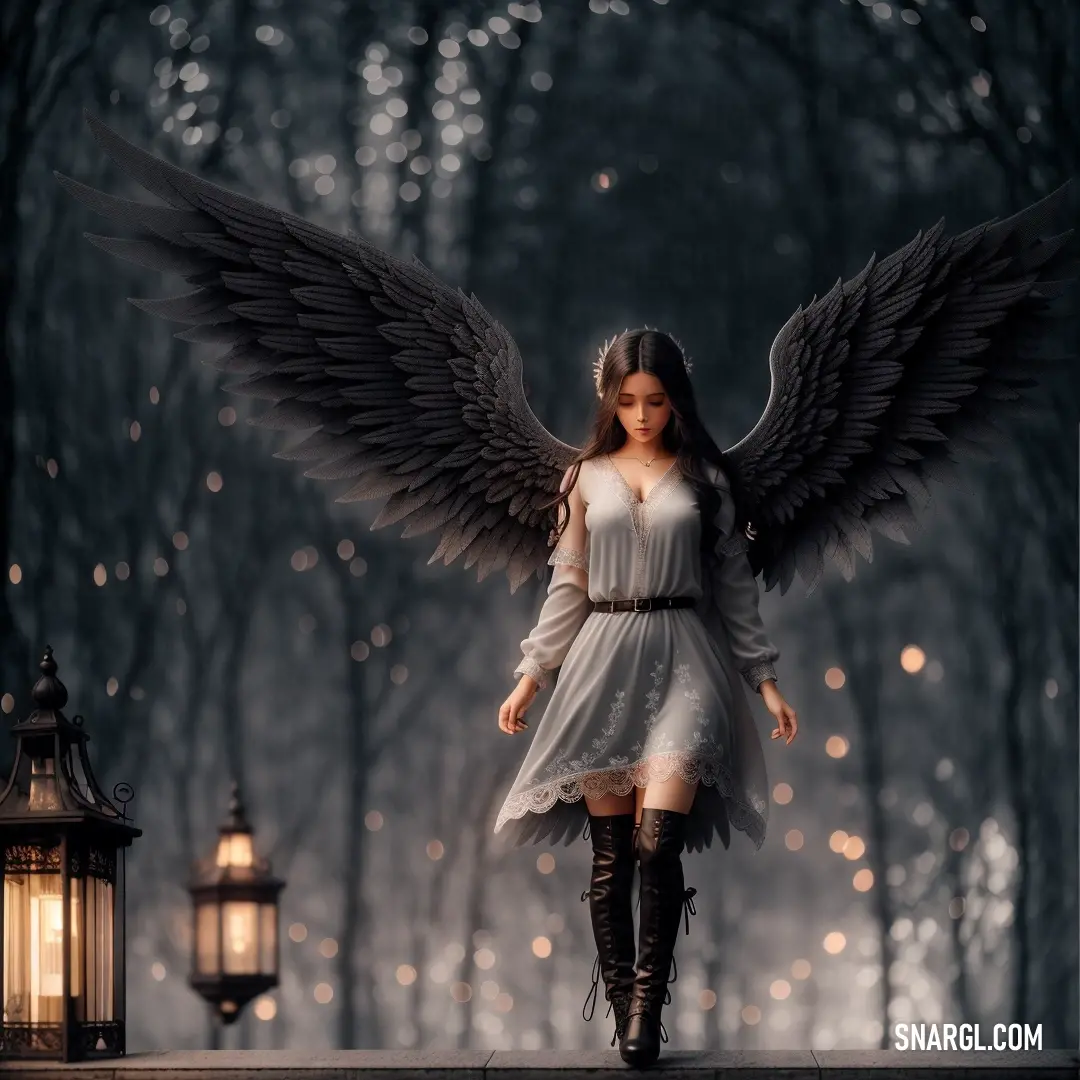 Woman in a white dress with wings on her back walking in a forest with a lantern light in the background. Color #8F8A83.