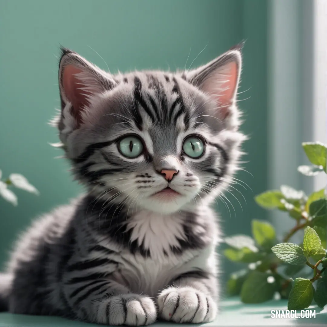 Kitten with green eyes next to a plant with leaves on it's sides and looking up. Example of CMYK 66,55,58,10 color.