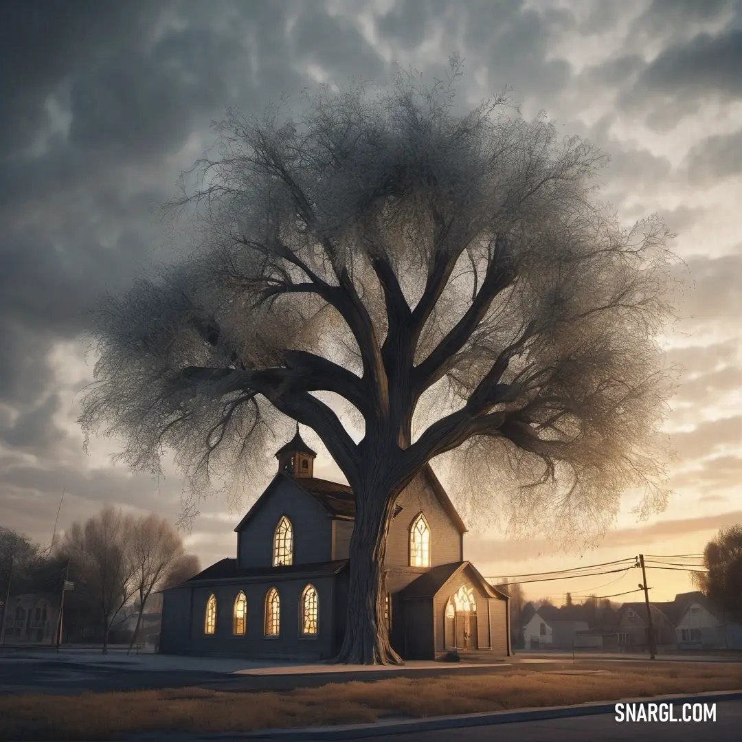 Church with a tree in front of it at dusk with a cloudy sky behind it and a street light. Color #6C6962.