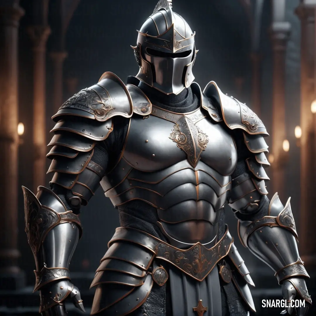 Knight in a suit of armor standing in a dark room with lights on the ceiling and a cross on his chest. Example of PANTONE 2334 color.