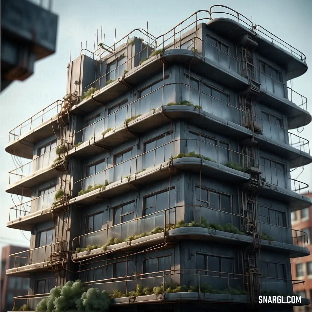 PANTONE 2334 color. Tall building with a bunch of windows and plants growing on the balconies of it's sides