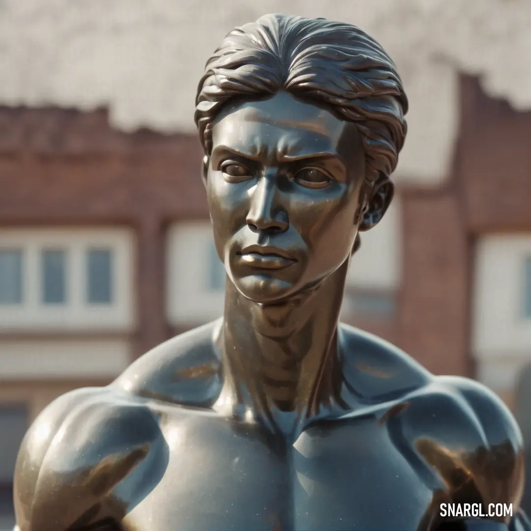 PANTONE 2336 color. Bronze statue of a man with his arms crossed and his shirt off