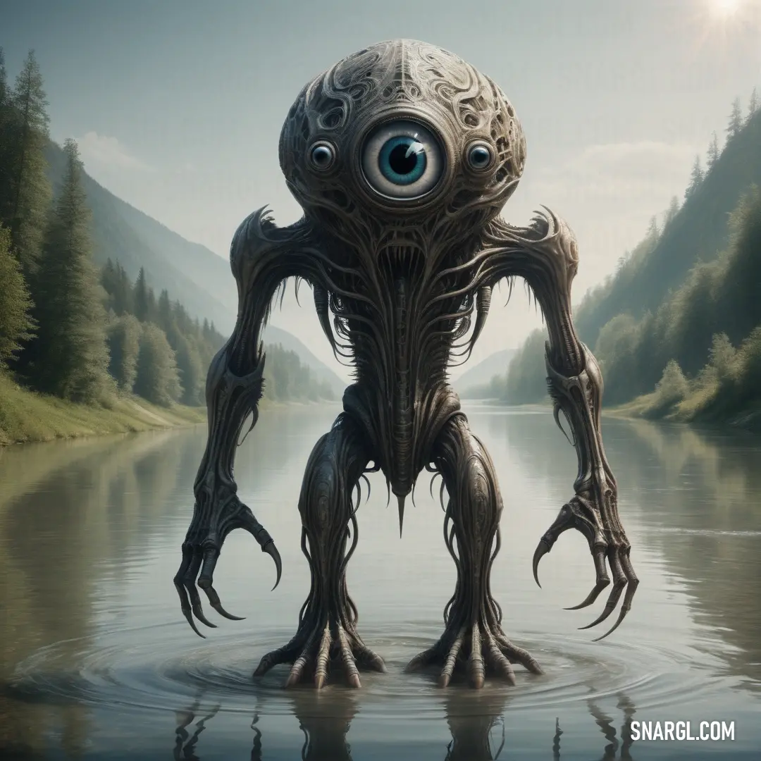 Strange looking creature standing in a lake with trees in the background. Example of PANTONE 2336 color.