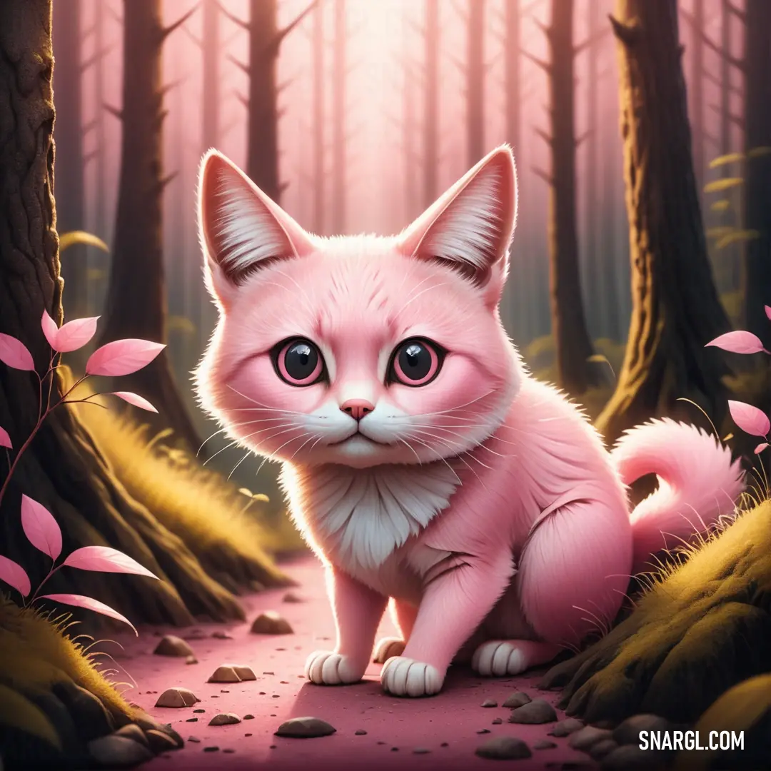 Pink cat in the middle of a forest with pink leaves on the ground and a pink path. Example of #EABAAF color.