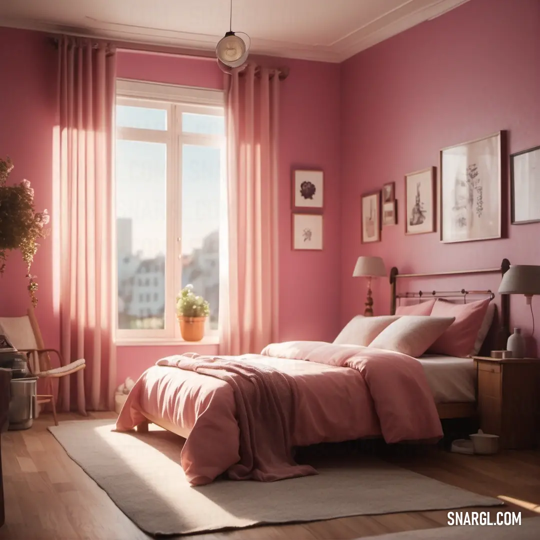 Bedroom with pink walls and a bed with pink sheets and pillows and a window with a view of the city. Example of RGB 229,154,147 color.